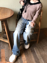 ビンテージツインキャットウォッシングデニムワイドパンツ