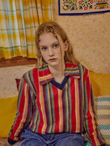 Open Collar Stripe Knit (Red)