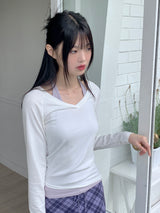 リップルホルターレイヤードVネッククロップド長袖Tシャツ