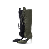 Lace-Up Under The Knee Boots Heel(Khaki)