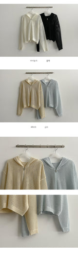 マリーンシースルーサマーニットウェアフーデッドジップアップ / Marine See-Through Summer Knitwear Hooded Zip-Up