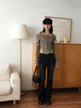 Tempt off-shoulder cut line ribbed crop zip-up