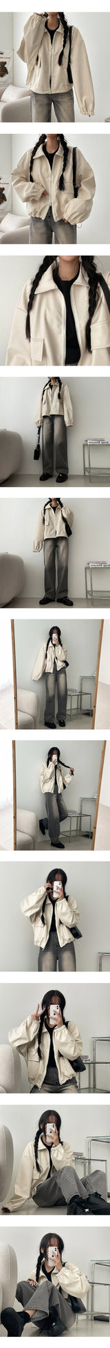 Pelo Leather String Pocket Collar Jacket