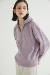 HALF ZIP UP PUNCHING ARGYLE SWEATER LAVENDER (6613773844598)