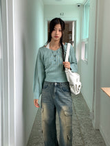 High knee ribbed V-neck semi-crop long-sleeve knit