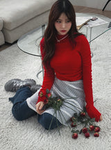 Apple red shirring long sleeve knit