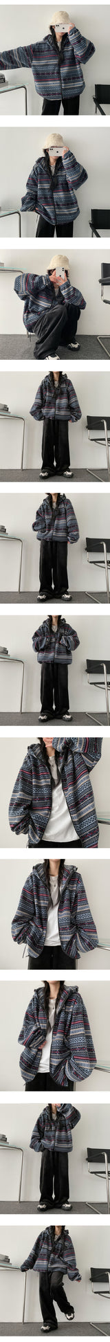 Thick irregular pattern string fleece hood zip-up jumper