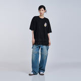 MINI BABY FACE CAT EARPLUG SHORT SLEEVE T-SHIRT BLACK