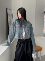 ピバーツノーカラーツーウェイジップクロップドデニムジャケット/ Peeverts no-collar two-way zip cropped denim jacket