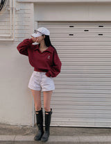 [New spring product 10%][BELLIDE MADE]襟付きクロップド刺繍スウェットシャツ
