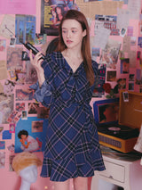RUFFLE POINT CHECK WRAP ONEPIECE_NAVY (6612504969334)