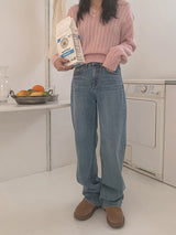 メンションナッピングライトブルーワイドウィンターデニムパンツ / Mention napping light blue wide winter denim pants