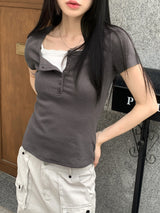 Thorton Half Button Basic Ribbed Short Sleeve T-shirt