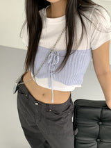 ロヘットリボンストラップコルセットビスチェブックルニットトップ / Rohet Ribbon Strap Corset Bustier Boucle Knit Top