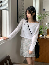 リードリネンボートネックビーチウェアクロップド長袖Tシャツ / Reid linen boat neck beach wear cropped long-sleeved T-shirt