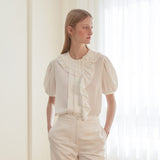 [LINE] Unbalanced Shirring Frill Blouse (Ivory) (6696315584630)