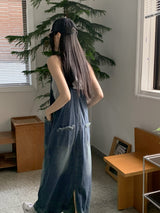モンドナーフリンジポケットサスペンダーバックオープンロングデニムワンピース / Mondner Fringe Pocket Suspenders Back Open Long Denim Dress