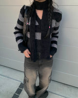 Crop stripe muffler knit set