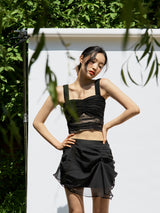 Shirring mesh top (Black) (6570448388214)
